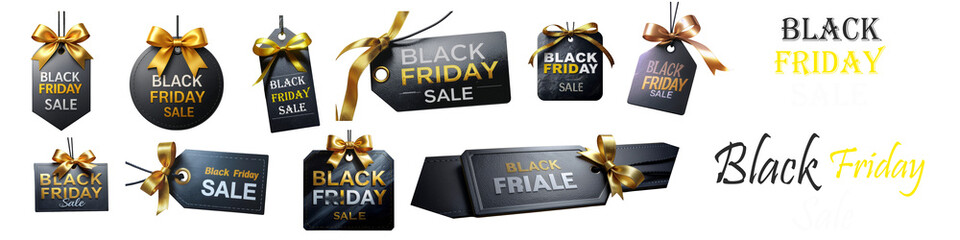A set of luxury 3d render Black Friday Sale tags with black texture and gold ribbon isolated on a transparent background. Gift tags for advertising and holiday retail promotion banners. PNG