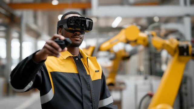 Engineers using holographic VR dashboards to configure autonomous robotic assembly lines, symbolizing predictive maintenance, intelligent manufacturing, and cutting-edge industrial engineering.