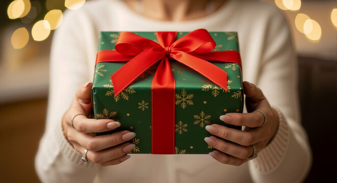 Woman's hands holding green gift box with red ribbon and gold snowflakes against bokeh background. Holiday gifting and celebration vertical banner
