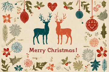 Vintage folk art Christmas illustration with two reindeer.