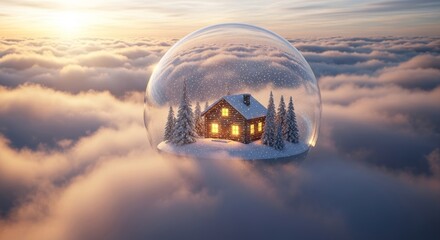 Floating Snow Globe in the Sky with Cabin Inside