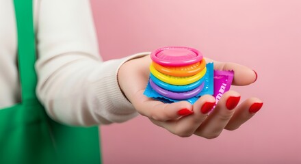 Isolated Colorful Condom Stack in Palm Hand on Pink Backdrop for Microstock