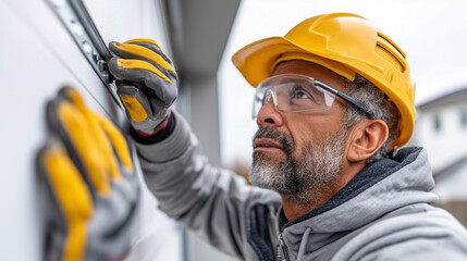 Technician replacing garage door panels after damage. A worker replaces a dented white metal door section, aligning it carefully. The ambient overcast lighting produces soft shadow