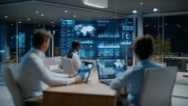 Futuristic sleek office with diverse professionals collaborating through holographic transparent dashboards showing KPI analytics, market dynamics, and AI-driven forecasts, representing business