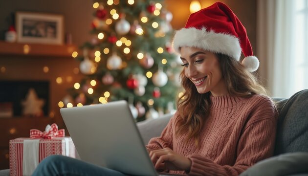 Smiling woman in Santa hat shops online using laptop. Cozy living room with decorated Christmas tree, gift box. Person enjoys holiday season retail therapy.