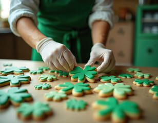 Obraz premium Baker decorates shamrock cookies with green icing for St Patricks Day party. Festive homemade treats prepared in kitchen. Sweet clover shaped pastries arranged on table.