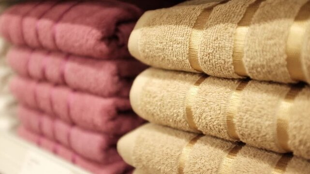 Soft clean folded towels stack. Colorful towels in a  laundry room, in bathroom, on a store shelf.