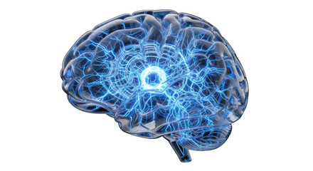 Digital human brain with glowing blue neural network activity, representing artificial intelligence, thought, innovation, and futuristic technology isolated on transparent background