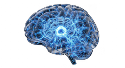 Digital human brain with glowing blue neural network activity, representing artificial intelligence, thought, innovation, and futuristic technology isolated on transparent background