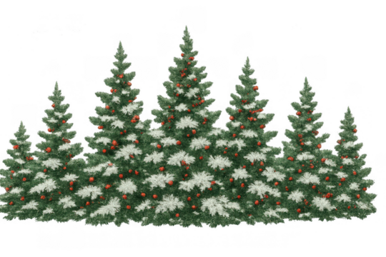 Christmas trees decorated with red baubles standing in a snowy winter forest scene, transparent background