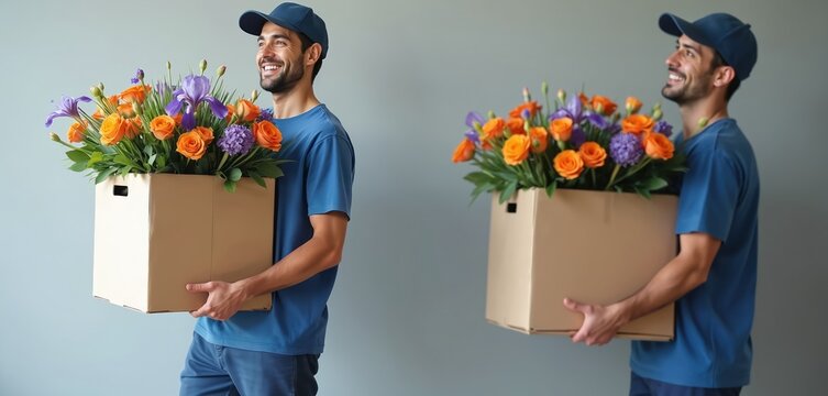Man in blue shirt carries large box with colorful flower bouquets. Smiling courier delivers floral arrangement for special occasion. Instant gift service for holiday, celebration or romance.
