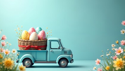 Small blue truck carries wicker basket full of colorful painted easter eggs, small flowers. Grass, blooming daisies surround vehicle against pastel background. Springtime transport, holiday delivery.