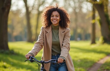 Fototapeta premium Young woman with curly hair smiles while riding a bicycle on a park path. She wears a beige coat and jeans. Sunlight filters through trees, creating a peaceful outdoor scene. Activity and relaxation.