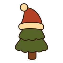 Christmas Tree with Santa Hat Cute Cartoon Illustration
