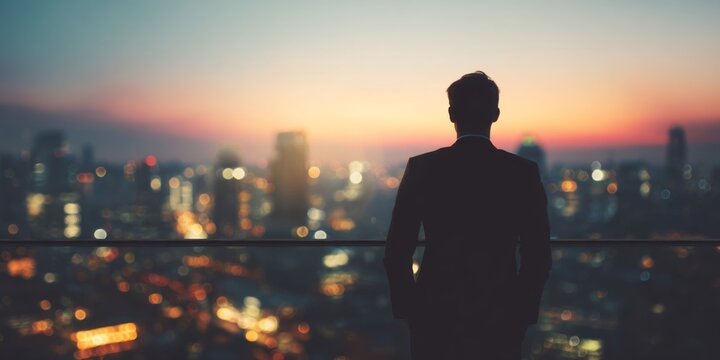Businessman in Suit Overlooking City Skyline with Sunset Reflection, Symbolizing Professional Success and Urban Development