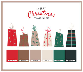 Modern Merry Christmas color palette featuring festive gift boxes and harmonious shades of red, green and beige. Perfect design reference for branding, packaging, cards, and seasonal holiday decor.