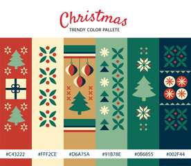 Trendy Christmas color palette featuring festive geometric patterns with trees, ornaments and snowflakes. Elegant holiday design inspiration in red, green, gold and navy tones for cards, branding and 