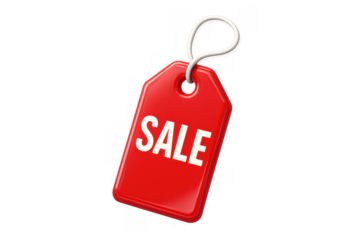 Red glossy sale tag displaying sale text, representing discounts, promotions, and special offers for online shopping. Transparent background