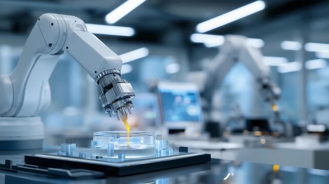 High-tech pharmaceutical lab where robotic arms assemble and fill medicinal capsules while analyzing samples on digital screens, symbolizing precision engineering, AI automation, and