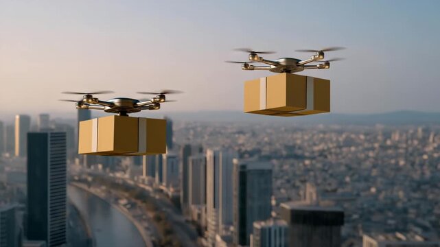Hyper-connected city landscape with drones delivering packages alongside self-driving cars, symbolizing advanced logistics, urban automation, and futuristic mobility systems. cinematic color