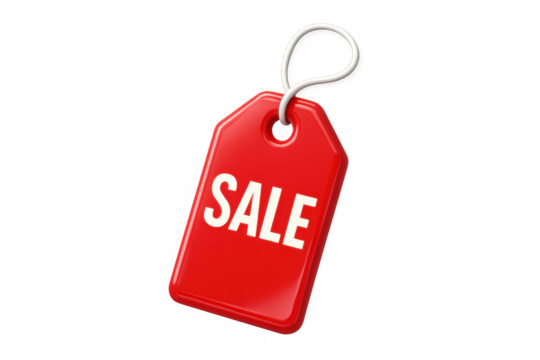 Red glossy sale tag displaying sale text, representing discounts, promotions, and special offers for online shopping. Transparent background