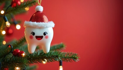 Cute tooth ornament wearing a Santa hat hangs on a Christmas tree branch with festive lights. Bright red background adds holiday cheer. A unique dental decoration for the season.