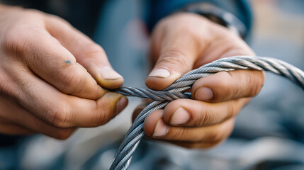 Garage door cable replacement in progress. A close-up shot shows a technicians hands replacing a steel lift cable, with coiled wire and grease visible. The image feels tactile and