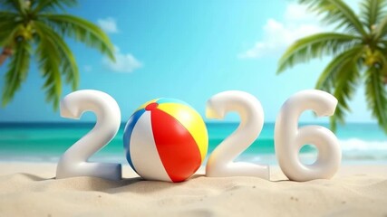 2026 numbers with inflatable beach ball on sand against sea background, sunny coastal new year concept of travel brands and resort promotions. - Powered by Adobe