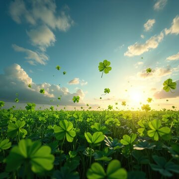Field of rich green clovers under a bright blue sky with fluffy clouds. Some four leaf clovers float gently in the warm sunlit air, symbolizing good fortune.