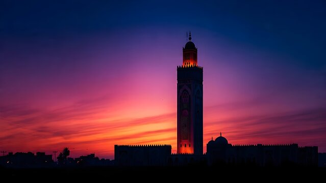 Striking Minaret Silhouette Bathed in the Radiant Hues of a Tropical Sunset