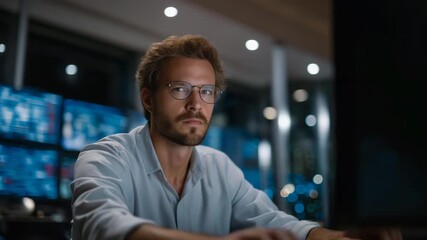 IT specialist monitoring multiple screens showing computer virus alerts, expressing focus and urgency, symbolizing network security management, malware prevention, and professional digital safety. - Powered by Adobe