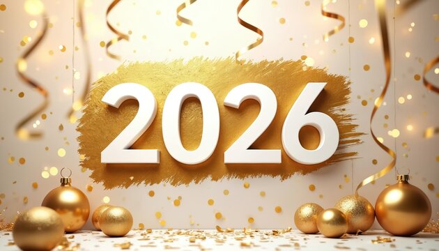 White 2026 numbers are displayed over gold abstract background with festive gold confetti, ribbons. Christmas ornaments, sparkling lights complete celebratory scene. Happy New Year greeting card.