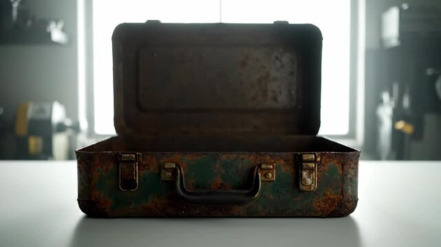 Open weathered metal case on a table, workshop background, indoors