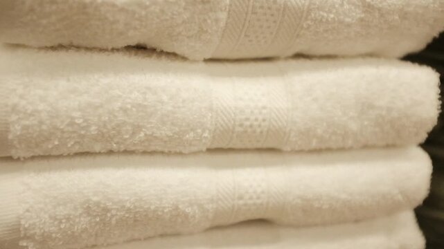 Soft clean folded towels stack. White towels in a  laundry room, in bathroom, on a store shelf.