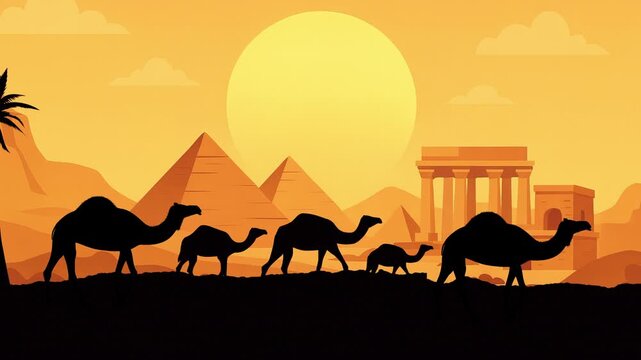 Camel caravan scrolling animation with desert sunset background