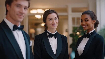 Modern butler training new recruits in exclusive hospitality academy, emotion balanced between pride and responsibility, representing knowledge transfer, service psychology, and ethical excellence