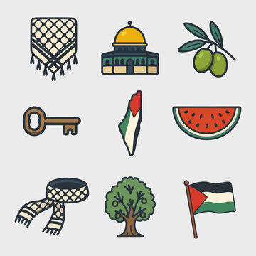 Palestine Culture Set Keffiyeh, Al-Aqsa, Olives, Watermelon, Key of Return, Map, Kufiya Headband, Flag