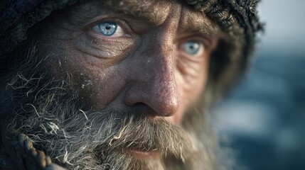 Intense blue eyes of an weathered old man with a long beard, staring thoughtfully into the distance, conveying resilience and wisdom.
