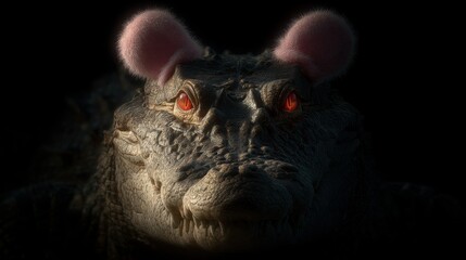 Intense reptilian gaze with fluffy pink ears sparks curiosity and creative storytelling, perfect for surprising concepts.