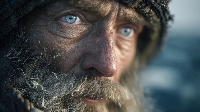 Intense blue eyes of an weathered old man with a long beard, staring thoughtfully into the distance, conveying resilience and wisdom. - Powered by Adobe