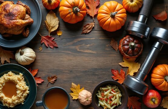 Thanksgiving dinner feast with dumbbells and pumpkins. Celebrating autumn holidays while staying fit. Healthy food choices for active lifestyle and weight management.