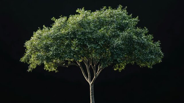 A single young tree with dense foliage and branches extending from the trunk.