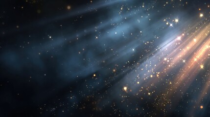 Magical shimmering golden particles and light rays illuminating a dark, ethereal, smoky atmosphere creating a sense of wonder and enchantment