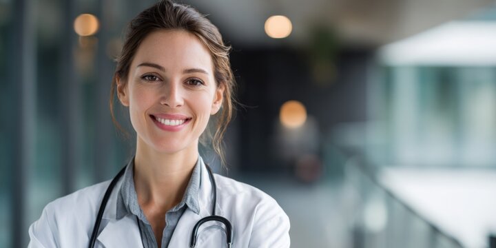 Happy female doctor smiling in white coat with stethoscope in modern medical hallway, portraying professionalism and approachability in healthcare