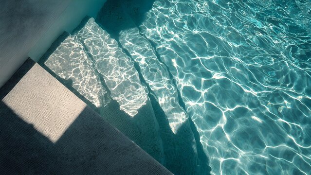 Sparkling turquoise water and sunlit steps in a serene swimming pool, inviting a refreshing dip on a warm day