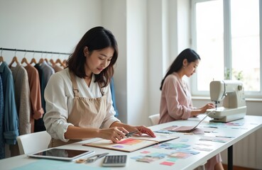 Two Asian women busy creating clothing in bright fashion studio. One designer chooses fabric, color samples for new collection. Another tailor stitches garments on sewing machine. Clothes hang on