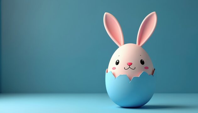 Pink bunny face emerges from cracked blue eggshell on pastel blue surface. Easter holiday cartoon character with long ears. Spring celebration greeting card.