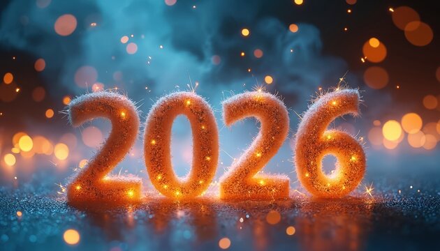 Glowing 3D numbers 2026 sparkle with festive lights and fluffy texture against a bokeh background. This vibrant graphic celebrates new beginnings, joy, and holiday cheer with dynamic energy.