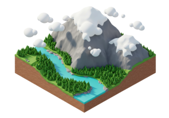 Isolated Cartoon Isometric Mountain Scene with River and Trees in a Cute Low Poly Style