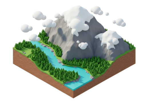 Isolated Cartoon Isometric Mountain Scene with River and Trees in a Cute Low Poly Style